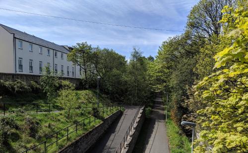un canale in una città con un edificio e alberi di Falcon Crest Guest House a Edimburgo