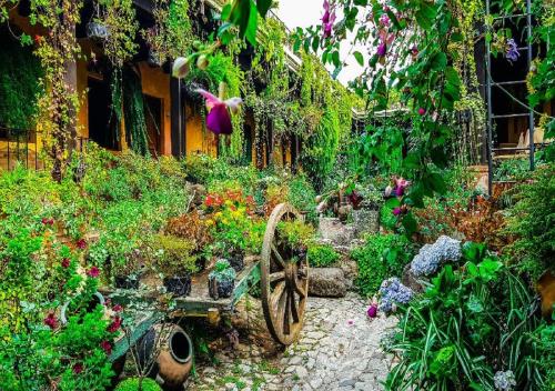 a garden with a wheelbarrow filled with plants and flowers at Hotel Eterna Primavera Antigua in Antigua Guatemala