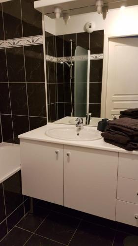 une salle de bain avec un lavabo blanc et un miroir dans l'établissement Chez Damien, à Colmar