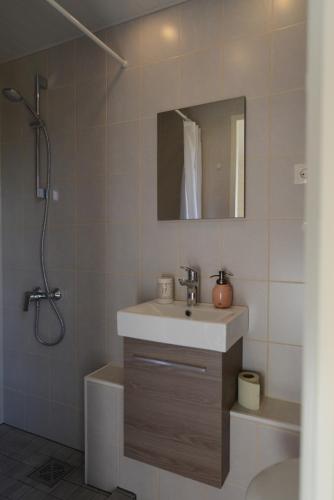 a bathroom with a sink and a shower at Sarapuu puhkemaja in Hullo