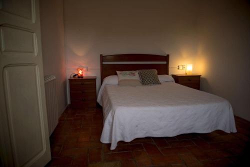 a bedroom with a bed and two night stands with lamps at Ca l'Anyep-L'Ermita in El Vilosell