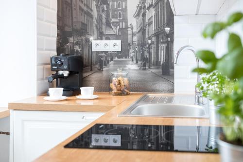 a kitchen counter with a sink and a city street mural at Cracowapart Loft Gertruda in Krakow