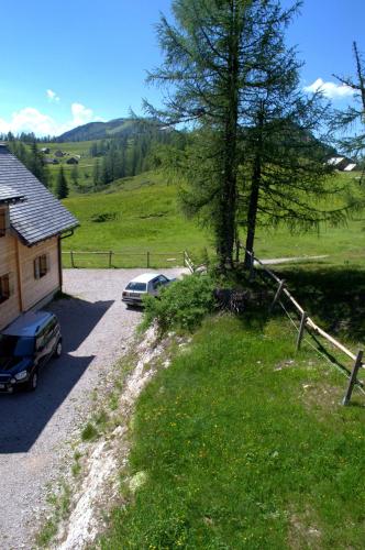 a car parked next to a house with a tree at Lärchenhütte in Tauplitzalm