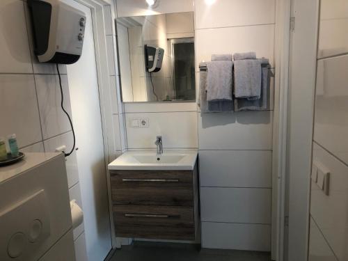 a bathroom with a sink and a mirror and towels at Logies het Noordwestertje in Den Burg
