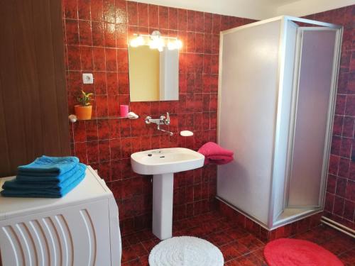 baño de azulejos rojos con lavabo y ducha en Apartment Mlakar, en Bohinj