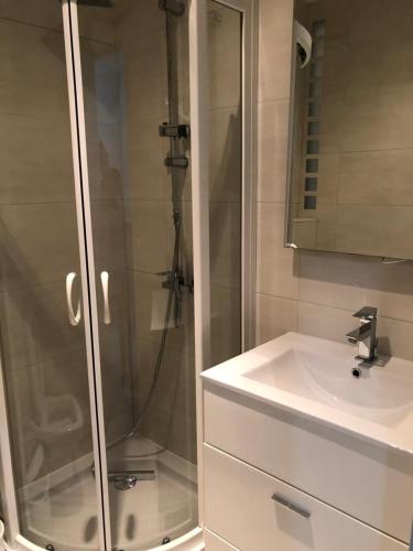 a bathroom with a shower and a sink at Villa la vie in Ulcinj