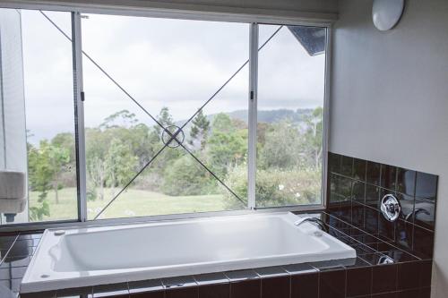 y baño con bañera y ventana grande. en The Retreat Tamborine Mountain, en Mount Tamborine