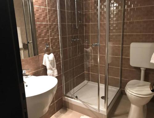 ニーレジハーザにあるエウロパ ホテル エス エッテラムのバスルーム(シャワー、トイレ、シンク付)