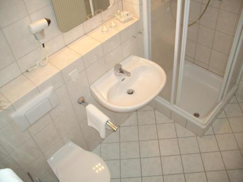 ein Bad mit einem Waschbecken, einem WC und einer Dusche in der Unterkunft Weinhotel Wagner in Frankenthal