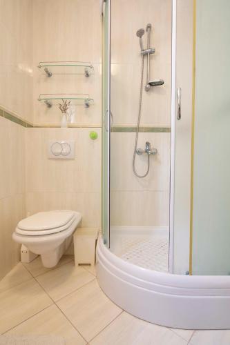 a bathroom with a toilet and a glass shower at Apartman Adriatic Sea in Promajna