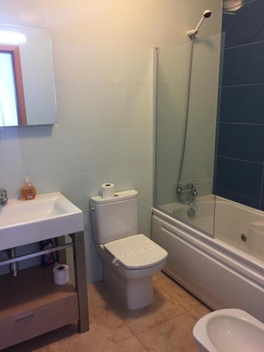 a bathroom with a toilet and a sink and a shower at Quinta das Palmeiras in Lagos