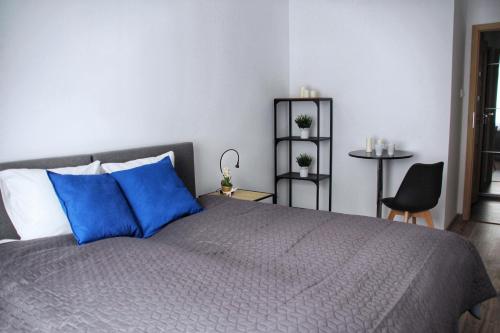 a bedroom with a large bed with blue pillows at Apartamenty Polanka in Poznań