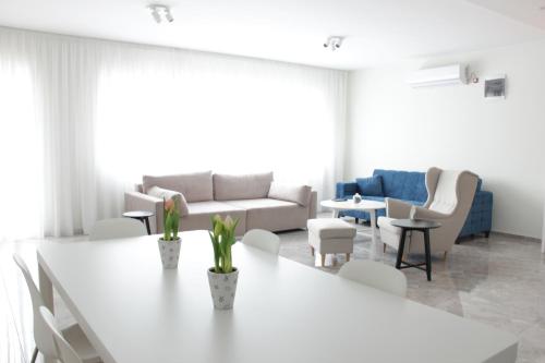 a living room with a couch and a table and chairs at Lux House Olga in Ruma