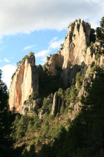 a large rocky mountain with trees in front of it at El Llano de los Conejos Serranía de Cuenca in Cañamares