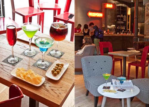 two pictures of wine glasses and food on a table at Chic & Basic Zoo in Barcelona