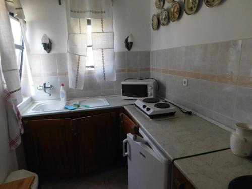 a small kitchen with a sink and a stove at Babamúzeum kis apartman in Tihany