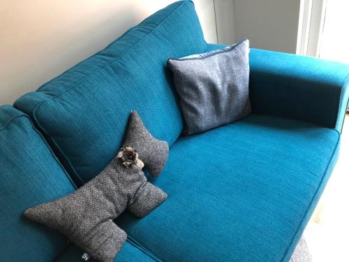 a blue couch with two pillows and a cat on it at Linmore in Aviemore