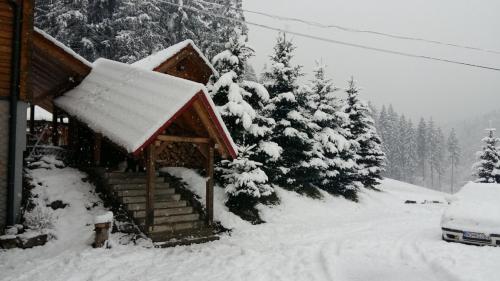 a snow covered cabin with a snow covered roof at Penzión Racibor in Oravský Podzámok