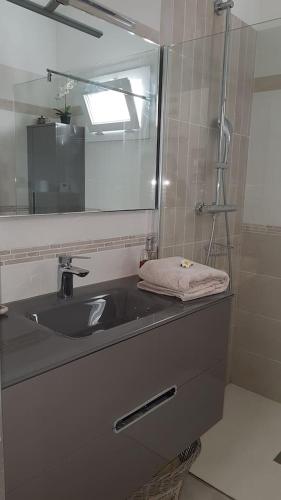 une salle de bain avec un lavabo et un miroir dans l'établissement Un havre de paix à l'Estaque Marseille, à Marseille