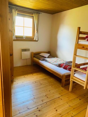 a bedroom with a bunk bed and a ladder at Drevenica Jánošík 2 in Terchová