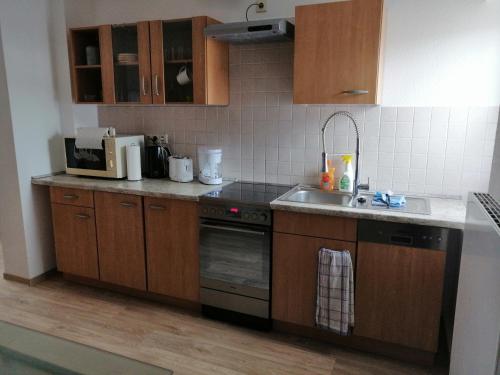 a kitchen with a sink and a stove top oven at Ferienwohnung im Spreewald "Gina" in Vetschau