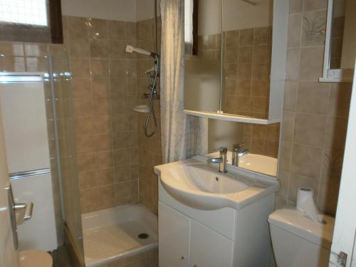 une salle de bain avec un lavabo, des toilettes et une douche dans l'établissement Studio n°5 agréable et bien situé, à Amélie-les-Bains-Palalda