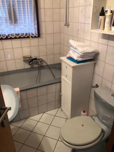 a bathroom with a toilet and a sink and a tub at Ferienwohnung Beate & Burkhard in Oberhausen