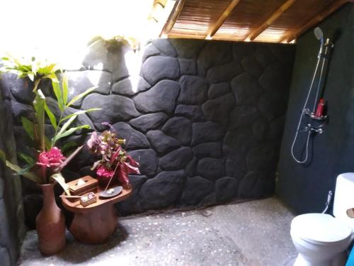 a bathroom with a stone wall and a toilet and plants at Bali mountain forest cabin in Penebel