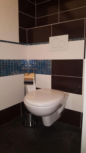 ein weißes WC im Bad mit schwarzen Fliesen in der Unterkunft Apartman I Ubytovani v centru Jihlavy in Jihlava