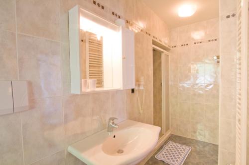 a bathroom with a sink and a shower at Haus Niederweg in Tirolo