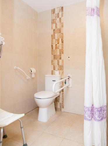 a bathroom with a toilet and a shower curtain at Hotel Marbella in Fuengirola