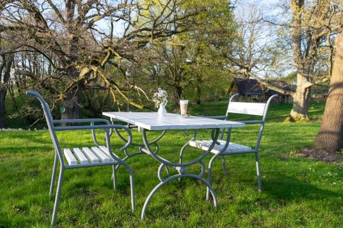 a picnic table and two chairs in the grass at Dwór w Bychowie in Bychowo