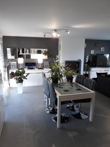 une salle à manger et une cuisine avec une table et des chaises dans l'établissement Les Marronniers, à Troyes