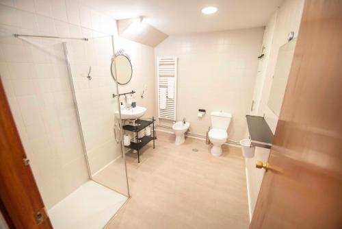 a bathroom with a toilet and a sink and a mirror at Espacios Blanco Plaza del Viejo Coso in Valladolid