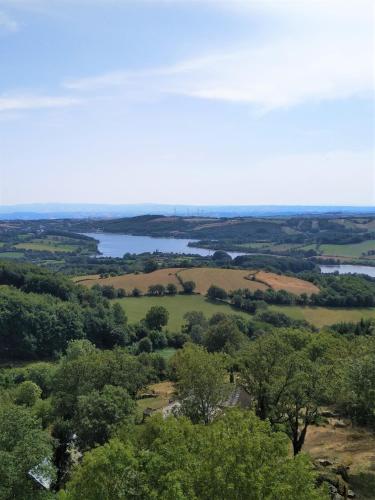 a view from the top of a hill with trees and a lake at Village Vacances Yaloer in Villefranche-de-Panat