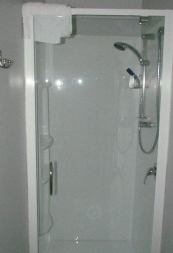 a shower with a glass door in a bathroom at Birchwood Cottages in Te Anau