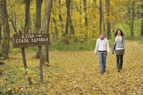 two women walking in the woods next to a sign at Apartments Izvor in Vrdnik