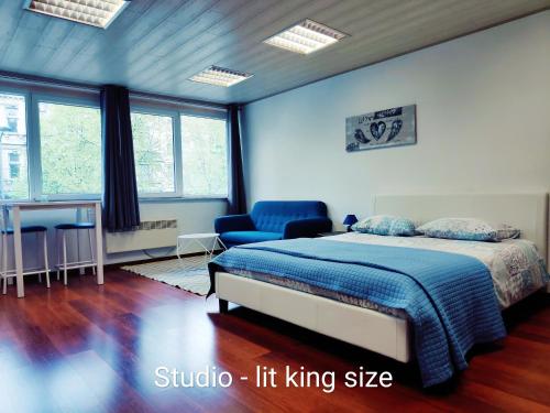 a bedroom with a king size bed and a blue chair at DayNight Sauveniere in Liège