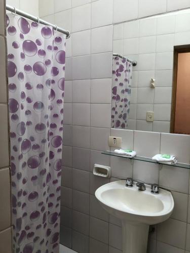 a bathroom with a sink and a shower curtain at Hostal La Posada De La Abuela in La Paz