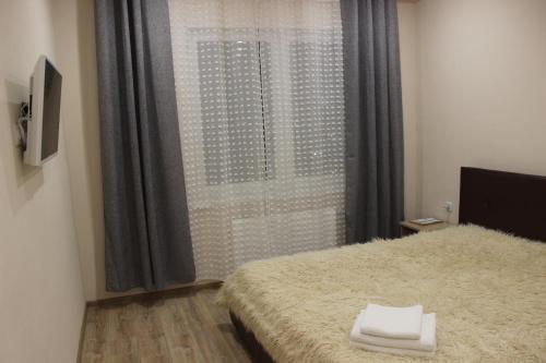 アルハンゲリスクにあるКвартира в центре Воскресенская 59のベッドルーム1室(ベッド1台、大きな窓付)