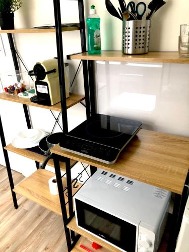 a microwave on a shelf with a laptop on it at Capstay famars & Netflix in Famars
