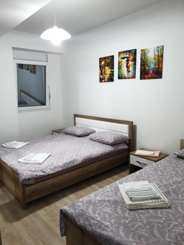 a bedroom with two beds and a tv on the wall at Ivana Apartments in Gevgelija