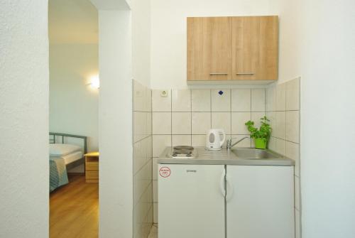 a small kitchen with a counter and a sink at Apartmani Maslina in Gradac