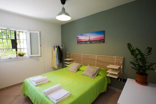 ein Schlafzimmer mit einem grünen Bett in einem Zimmer in der Unterkunft Sant’Orsola Apartment in Bologna