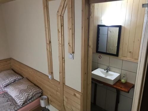 ein kleines Bad mit einem Waschbecken und einem Spiegel in der Unterkunft Golema Reka in Crni Vrh