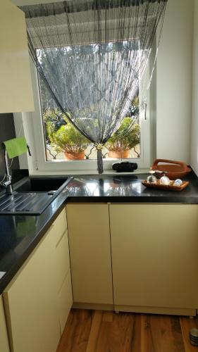 a kitchen with a large window and a counter top at Knusperhäuschen Maria Nikoletta in Witra