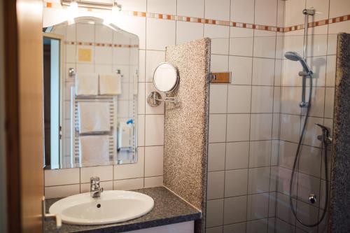 La salle de bains est pourvue d'un lavabo et d'une douche. dans l'établissement Sportpension Ramlhof, à Kollerschlag