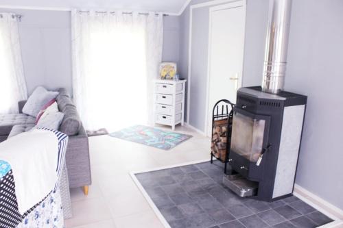 a living room with a fireplace and a tv at Schwedenhaus Lillkvist in Uddeholm