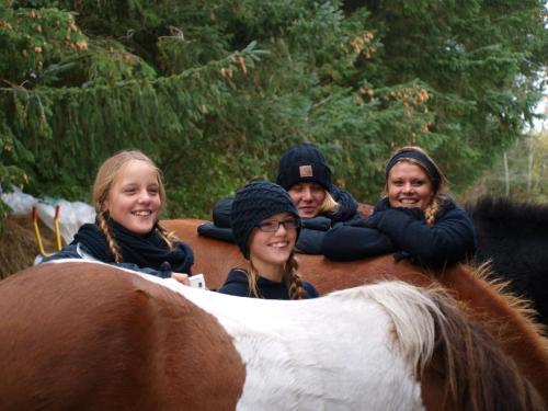 un gruppo di ragazze che cavalcano sulle spalle dei cavalli di Fædrelandet Ferielejlighed & Turridning a Læsø