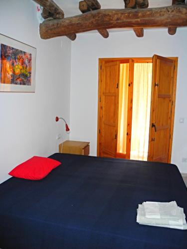 a bedroom with a blue bed with a red pillow at Apartment Cal Viola in Torroja